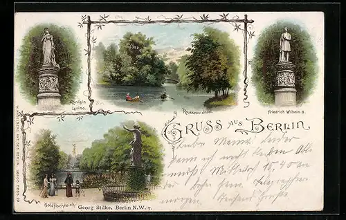 Lithographie Berlin-Tiergarten, Rousseau-Insel, Königin Luise, Friedrich Wilhelm III.