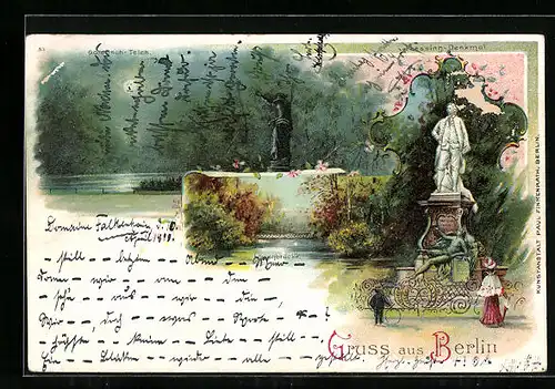 Lithographie Berlin-Tiergarten, Goldfisch-Teich, Lessing-Denkmal, Löwenbrücke