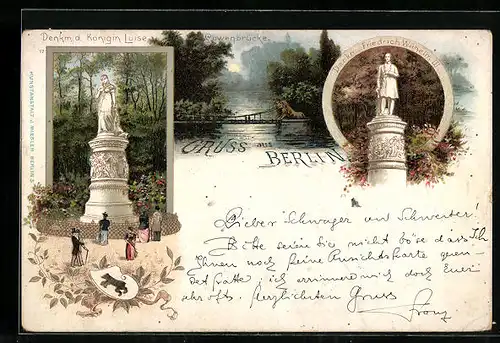 Lithographie Berlin-Tiergarten, Löwenbrücke, Denkmal d. Königin Luise, Denkmal Friedrich Wilhelm III.