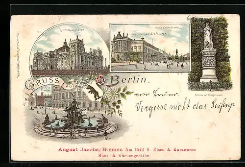 Lithographie Berlin-Tiergarten, Reichstagsgebäude, Denkmal d. Königin Luise, Schloss-Brunnen