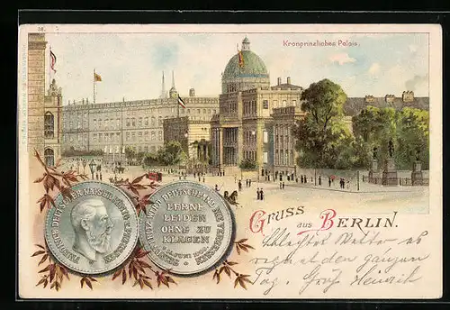 Lithographie Berlin, Kronprinzliches Palais, Friedrich v. Preussen