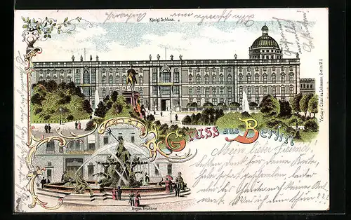 Lithographie Berlin, Königl. Schloss, Begas Brunnen