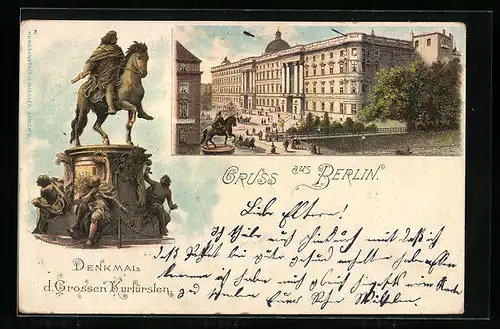 Lithographie Berlin, Königl. Schloss, Denkmal d. Grossen Kurfürsten