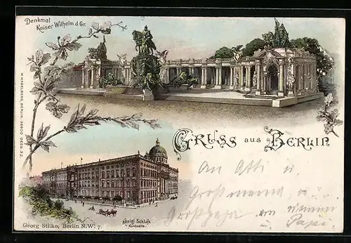 Lithographie Berlin, Denkmal Kaiser Wilhelm d. Gr., Königl. Schloss