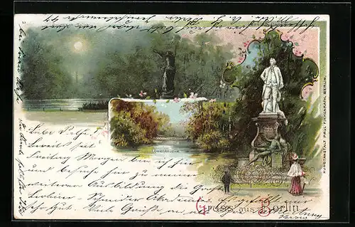 Lithographie Berlin-Tiergarten, Lessing-Denkmal, Goldfisch-Teich, Löwenbrücke