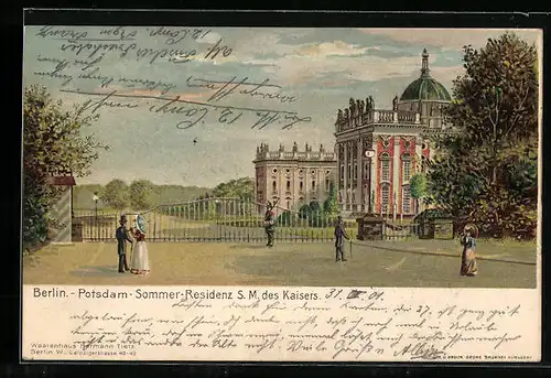 Lithographie Potsdam, Neues Palais, Sommer-Residenz S. M. des Kaisers