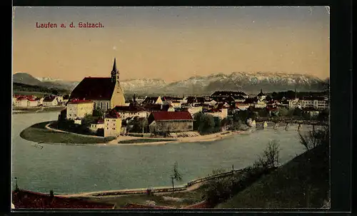 AK Laufen a .d. Salzach, Ortspartie mit Gewässer und Kirche