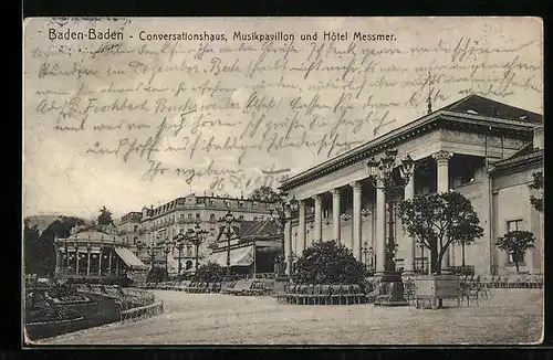 AK Baden-Baden, Conversationshaus, Musikpavillon und Hotel Messmer