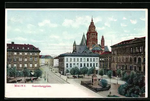 AK Mainz, der Gutenbergplatz mit Kirche