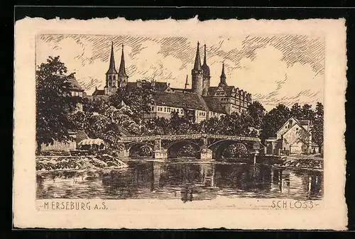 Künstler-AK Merseburg a. S., Ansicht vom Schloss mit Gewässer