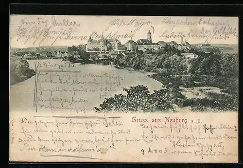 AK Neuburg a. D., Totalansicht des Ortes mit Gewässer
