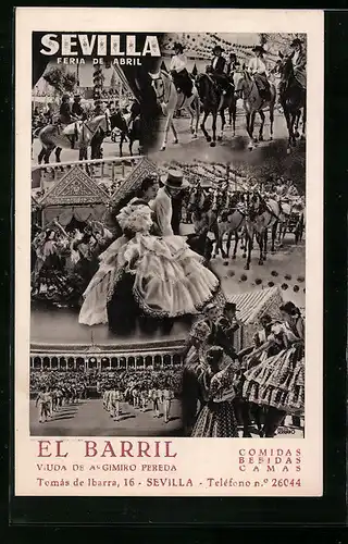 AK Sevilla, Feria de Abril, Viuda de Al Gimiro Pereda, Trachtenkleider, Fest in der Arena