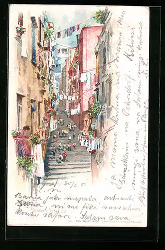 Künstler-AK Napoli, Pallonetto Santa Lucia, Wäsche hängt zwischen den Häusern