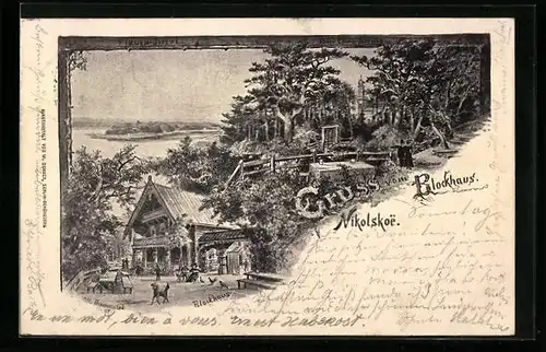 Lithographie Berlin-Nikolskoe, Wanderer am Blockhaus, Blick in den Wald