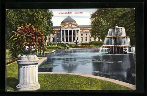 AK Wiesbaden, Brunnen im Park am Kurhaus