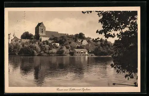 AK Lychen, Blick vom Ufer zur Kirche, Pension Haus am Stadtsee