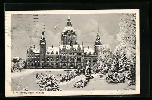 AK Hannover, das Neue Rathaus im Schnee