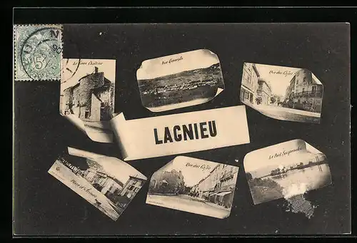 AK Lagnieu, Vue Generale, Rue des Cafes, Le Pont Suspendee, Place d`Armes