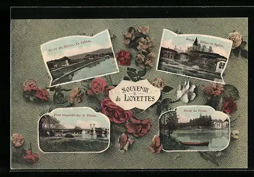 AK Loyettes, Bords du Rhone, Le Sablom, Pont suspendu sur le Rhone, L`Eglise