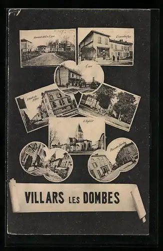 AK Villars-les-Dombes, Avenue de la Gare, Grande Rue, La Gare, L`Eglise, Place du Nord