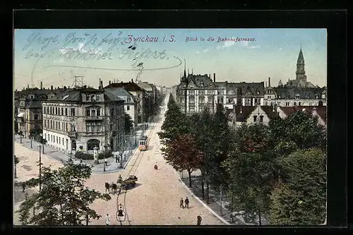 AK Zwickau i. S., Bahnhofstrasse mit Strassenbahn