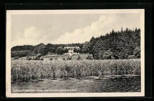 AK Kölpinsee, Hotel und Pension Wald und See vom Wasser aus gesehen