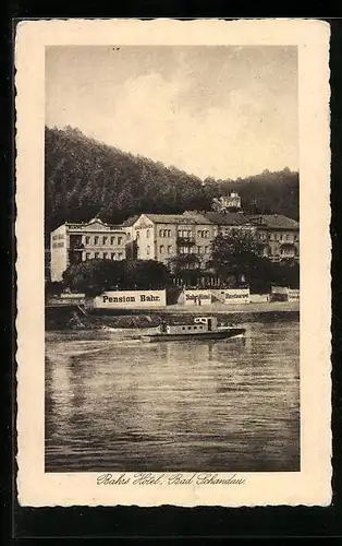 AK Bad Schandau, Hotel-Pension Bahr von der Elbe aus gesehen