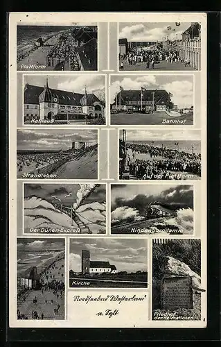 AK Westerland / Sylt, Hindenburgdamm, Bahnhof, Strandpartie, Rathaus, Promenade mit n