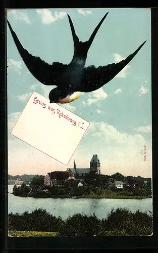 AK Ratzeburg, Ortsansicht aus der Vogelschau, Schwalbe mit Brief im Schnable Gruss aus Ratzeburg