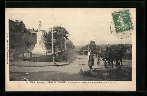 AK Poitiers, Vallée de la Boivre, Boulevard de Solferino et Monument des Coloniaux