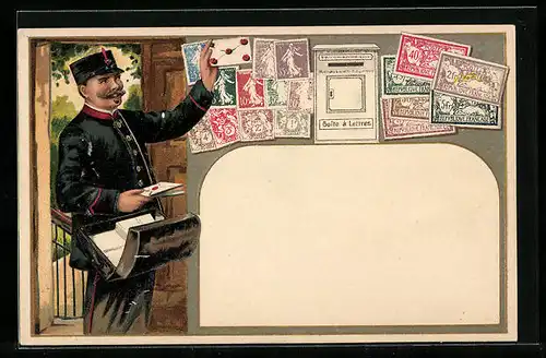 Präge-AK Französische Briefmarken und Postbote am Briefkasten