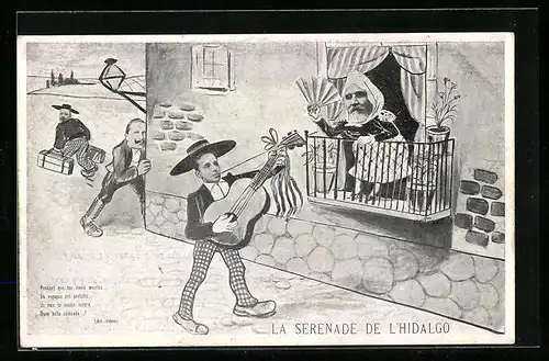 AK La Serenade de l'Hidalgo, Alfonso XIII. von Spanien musiziert für Präsident Loubet auf einer Gitarre