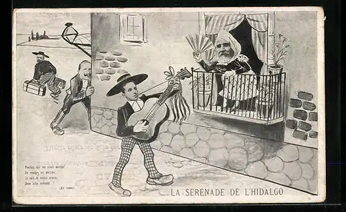 AK La Serenade de l'Hidalgo, Alfonso XIII. von Spanien musiziert für Präsident Loubet auf einer Gitarre