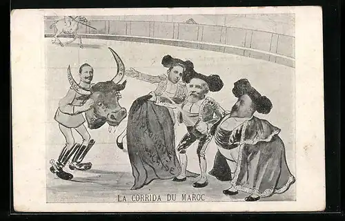 AK La Corrida du Maroc, Marokkokrise, Kaiser Wilhelm II., Alfonso XIII. und Loubet in der Stierkampfarena