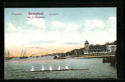 AK Vegesack / Weser, Restaurant Strandlust, Ruderer und Segelschiffe auf der Weser