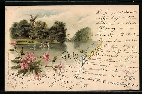 Lithographie Bremen, kleine Insel und Windmühle