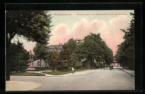 AK Wilhelmshaven, Wilhelmsplatz mit Adalbert-Denkmal und Werfttor
