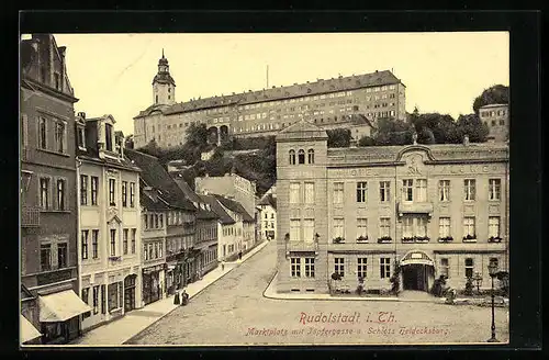 AK Rudolstadt i. Th., Marktplatz mit Töpfergasse und Schloss Heidecksburg