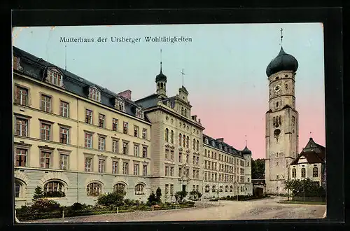 Goldfenster-AK Ursberg, Mutterhaus der Ursberger Wohltätigkeiten mit leuchtenden Fenstern