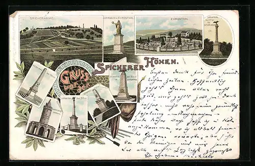Lithographie Saarbrücken, Spicherer Höhen, Ehrental, Denkmäler