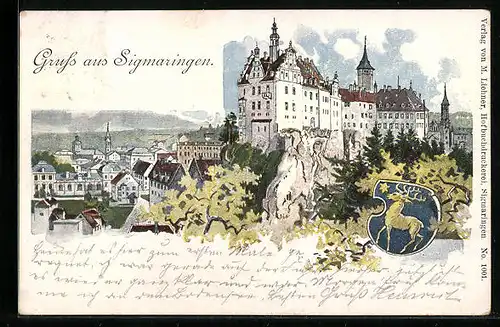 Künstler-AK Sigmaringen, Stadt mit Schloss, Wappen