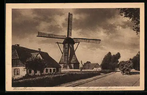 AK Wesselburen, Unteres Ende der Südenstrasse mit Windmühle