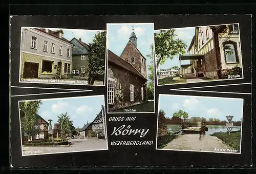 AK Börry / Weserbergland, Gemischtwaren Karl Lohmeyer Nachf., Schule, Kirche