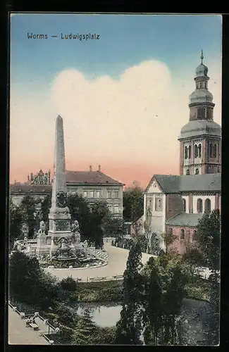 AK Worms, Ludwigsplatz mit Denkmal