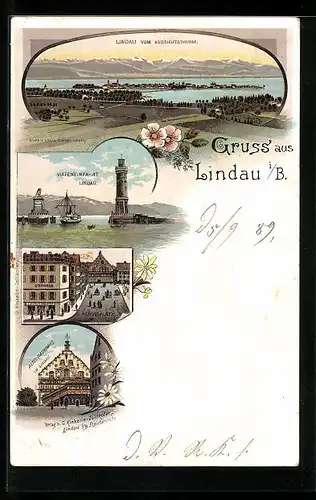 Lithographie Lindau i. B., Altes Rathaus, Reichsplatz, Hafen, Gesamtansicht