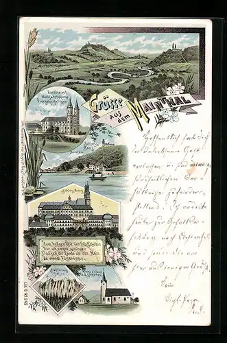 Lithographie Bad Staffelstein, Schloss Manz, Ansichten von Kirche und Felsen Staffelberg, Kirche Vierzehn Heiligen