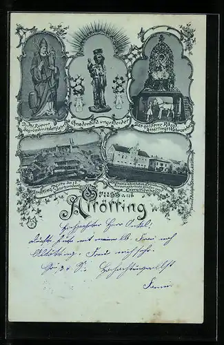 Lithographie Altötting, Historische Ortsansicht, Franziskushaus, Gnadenbild