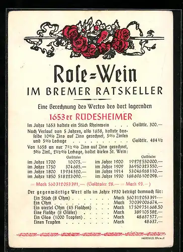 AK Bremen, Berechnung des Werts der im Ratskeller lagernden Rose-Weine