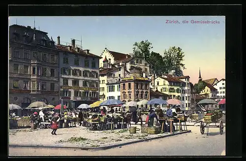 AK Zürich, Gemüsebrücke mit Marktständen