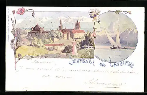 Künstler-AK Lausanne, Panorama, Segelboot